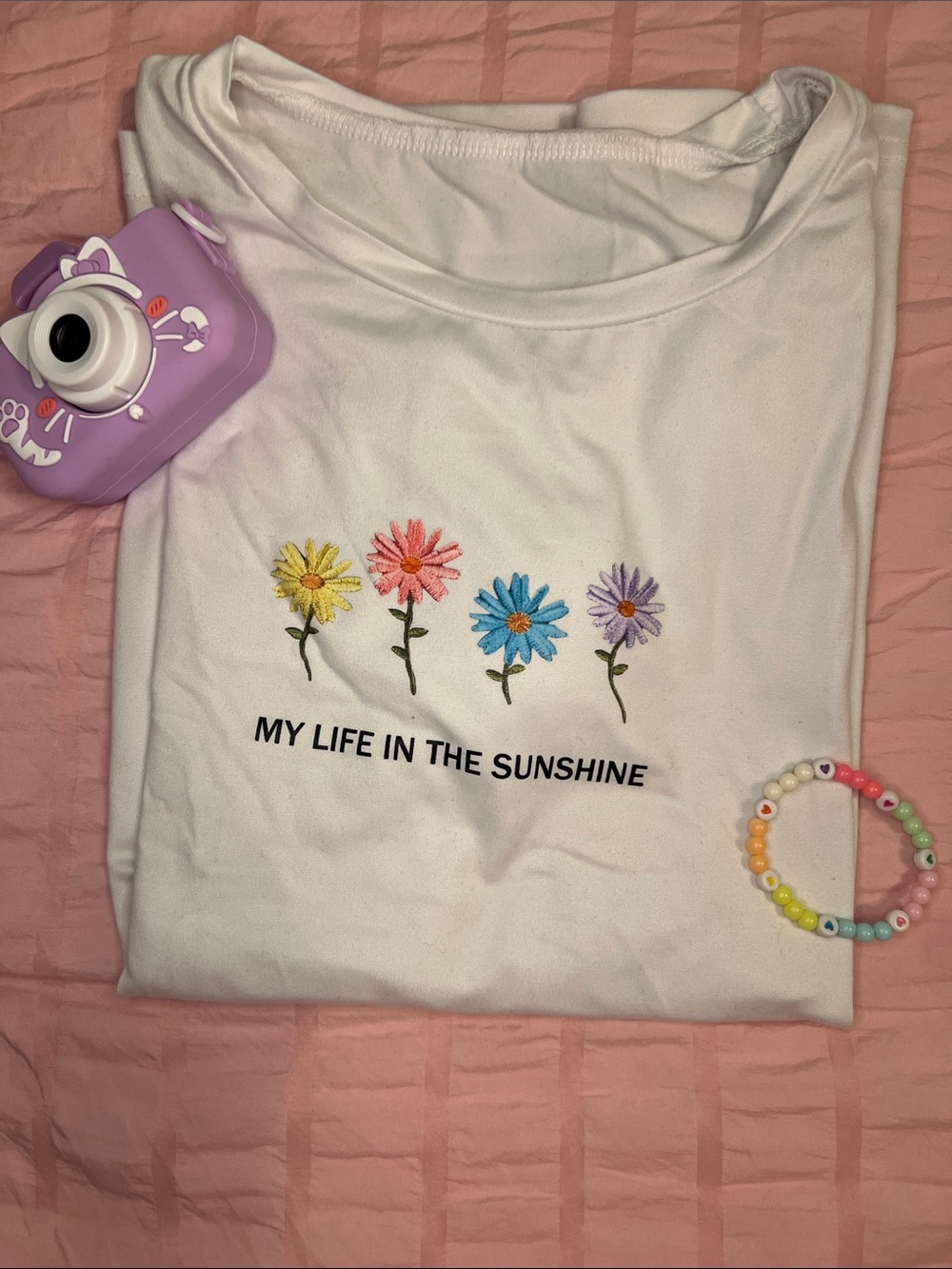White Tee with Colorful Flower Print - "My Life in the Sunshine"